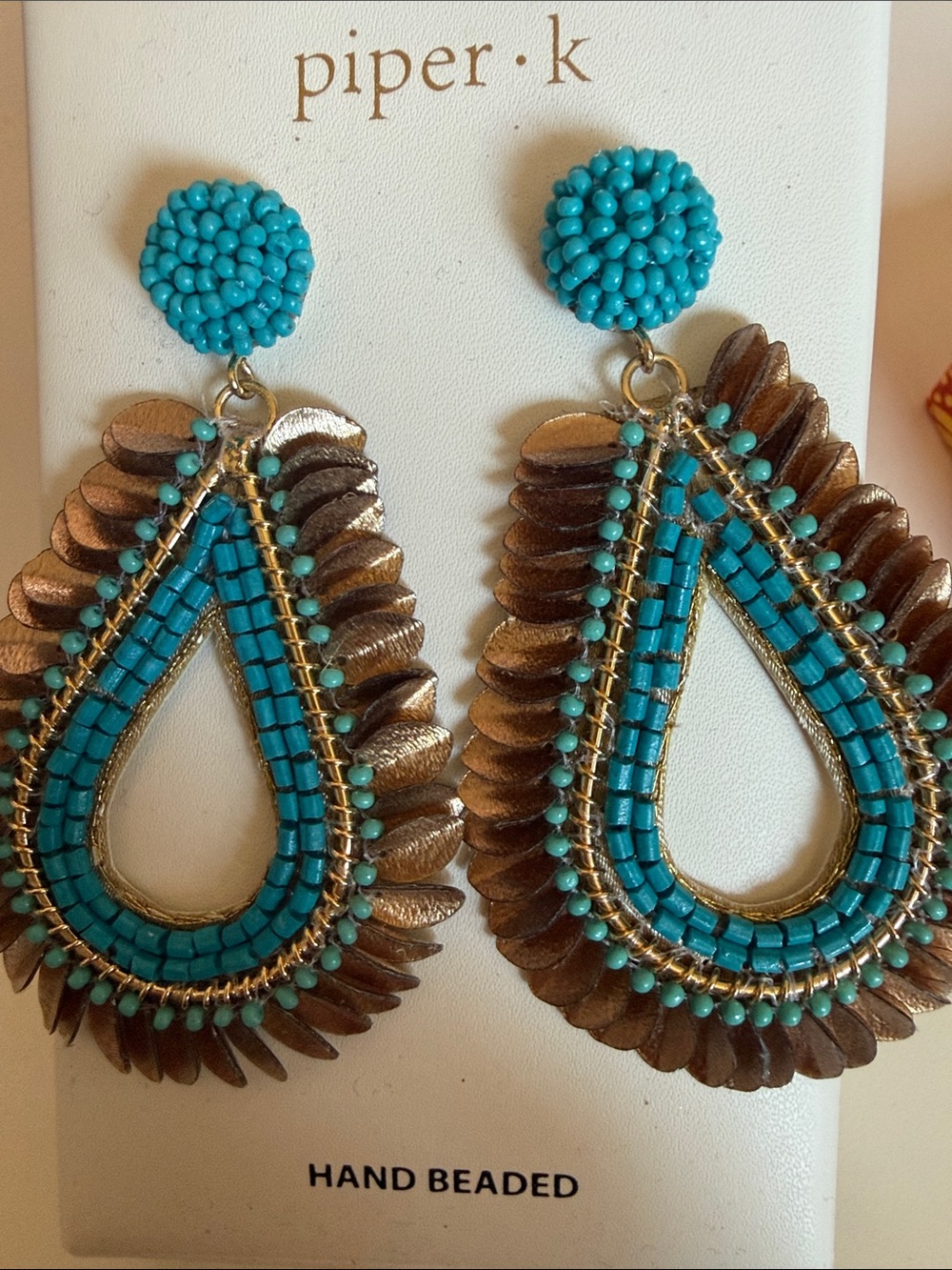 NWT Piper K Hand Beaded Turquoise & Bronze Boho Statement Drop Earrings - Picture 3 of 8